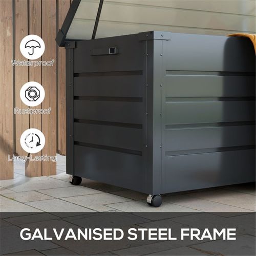 Outsunny 331 Litre Garden Storage Box, Waterproof Outdoor Storage Box for Tools, Cushions, Lockable Galvanised Steel Outside Deck Box Organiser with Wheels and Handles, Dark Grey