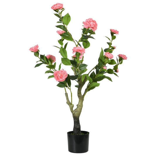 Long-Lasting HOMCOM Potted Artificial Plants, Indoor Outdoor Camellia Flower, Pink