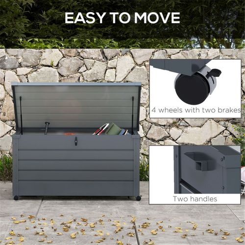 Outsunny 331 Litre Garden Storage Box, Waterproof Outdoor Storage Box for Tools, Cushions, Lockable Galvanised Steel Outside Deck Box Organiser with Wheels and Handles, Dark Grey
