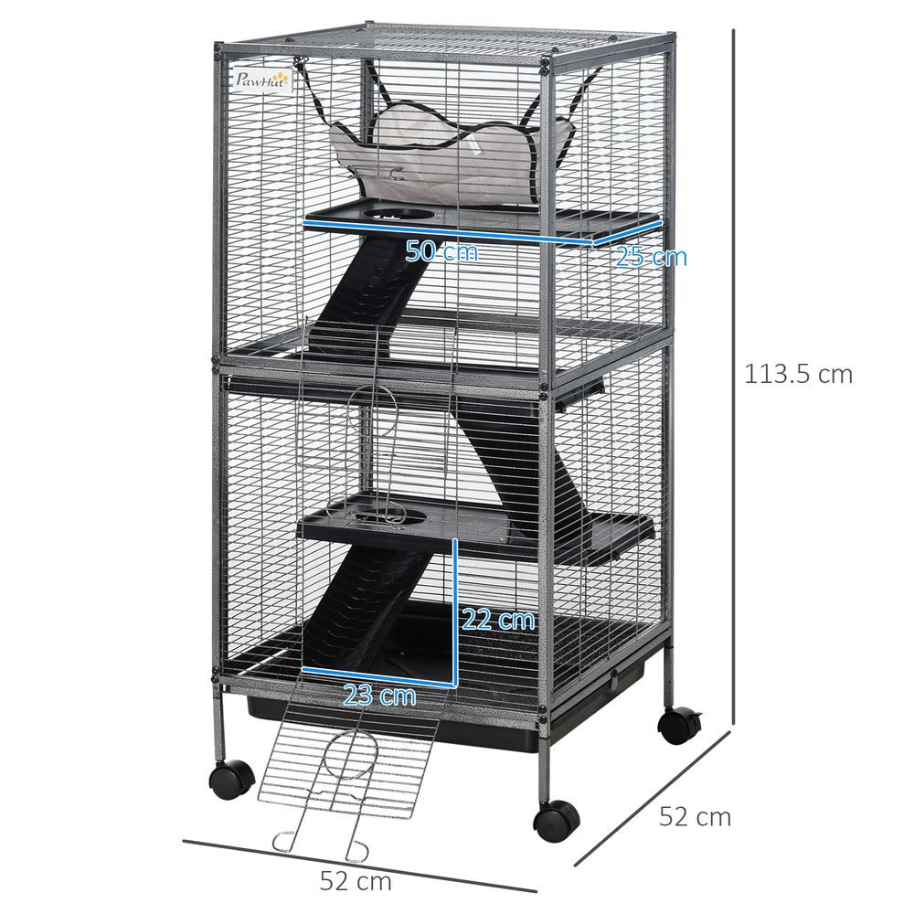 PawHut Small Animal Cage with Wheels Pet Home for Chinchillas Ferrets Kittens, with Hammock, 4 Platforms, Removable Tray, Grey
