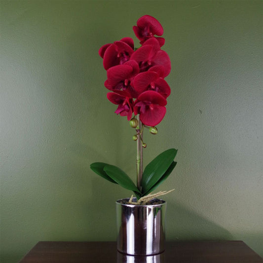 Realistic 46cm Red Orchid - Silver Pot - High-Quality Artificial Plant