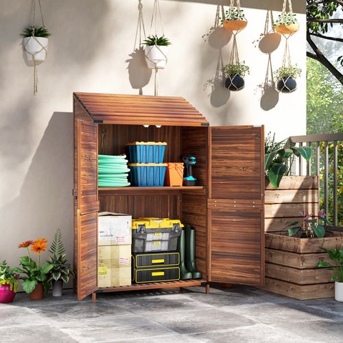 Outsunny Wooden Garden Storage Shed w/Double Doors and Shelves, Mixed-Brown