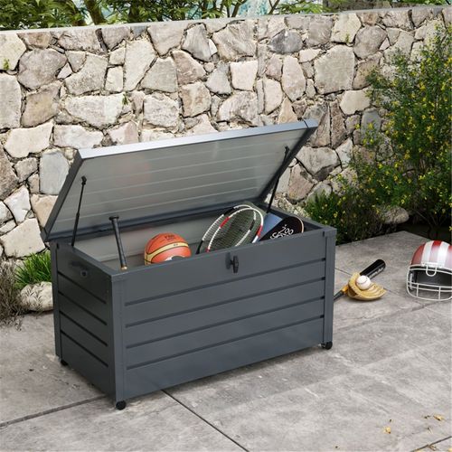 Outsunny 331 Litre Garden Storage Box, Waterproof Outdoor Storage Box for Tools, Cushions, Lockable Galvanised Steel Outside Deck Box Organiser with Wheels and Handles, Dark Grey