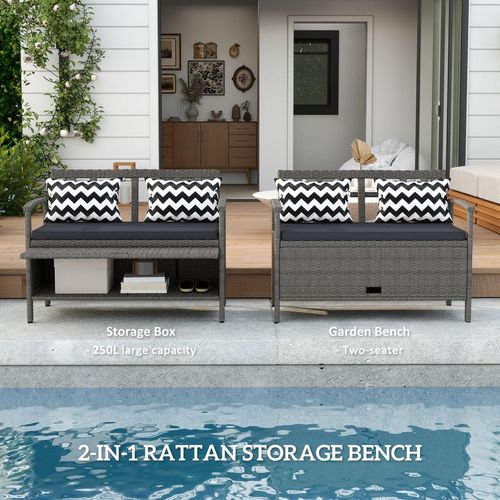 Outsunny 160L Rattan Garden Storage Bench, Cushioned Outdoor Bench, Grey