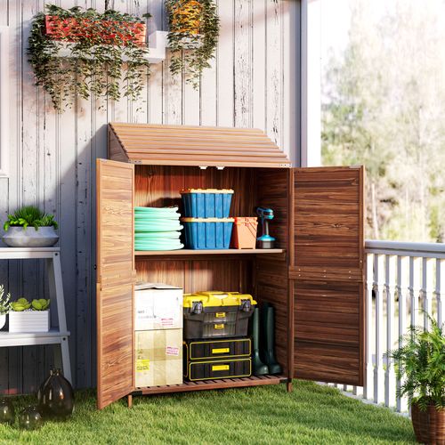 Outsunny Wooden Garden Storage Shed w/Double Doors and Shelves, Mixed-Brown